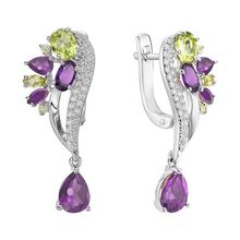 Серьги из серебра с аметистами, фианитами и хризолитами