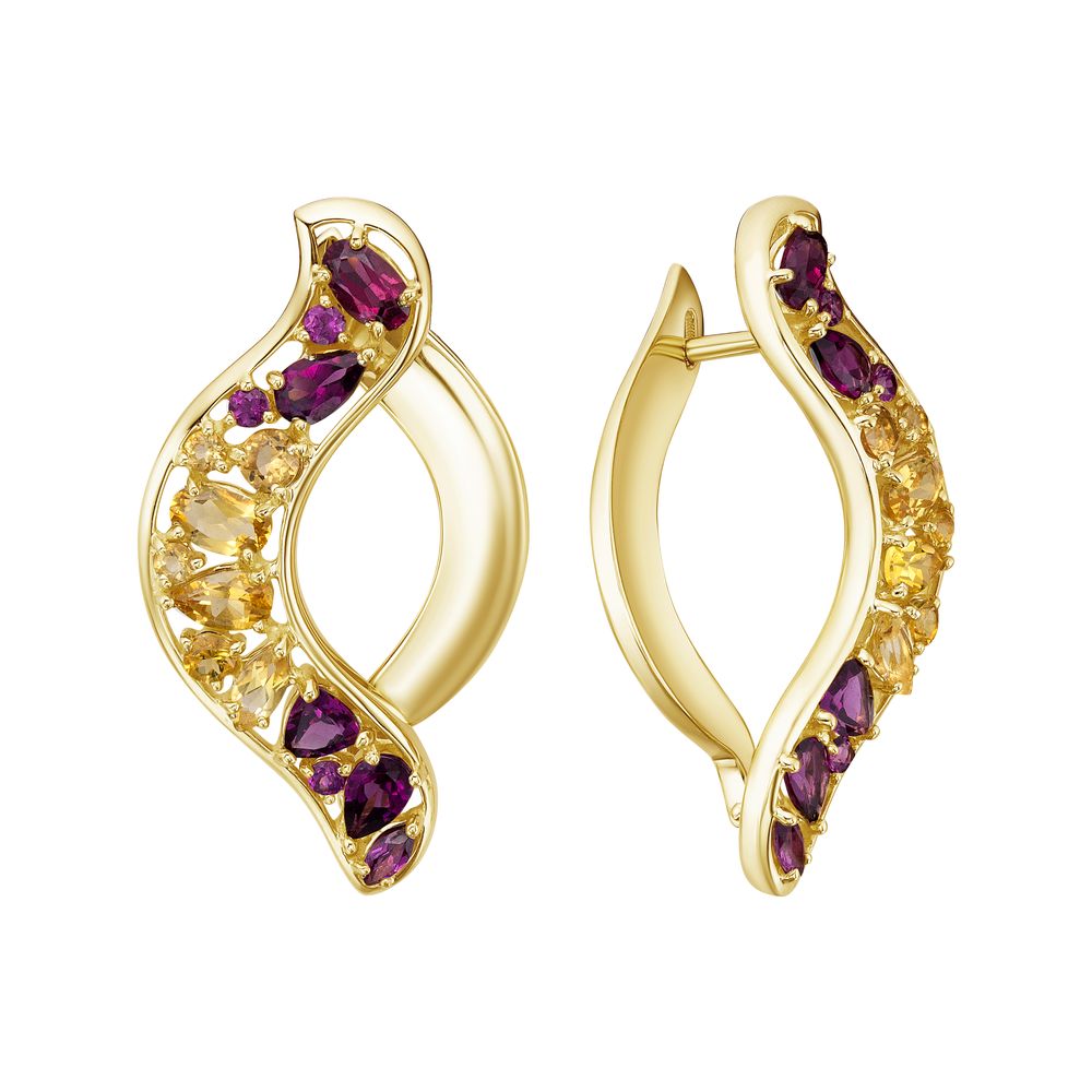Серьги из жёлтого золота с цитринами и родолитами