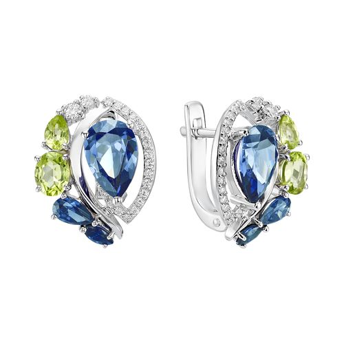 Серьги из серебра с хризолитами, фианитами и топазами london