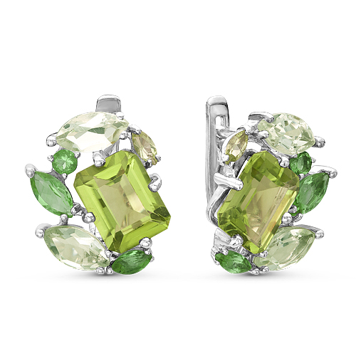 Серьги из серебра с зелёными аметистами, хризолитами и цитринами